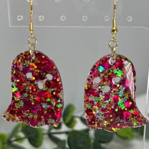 Bright Sangria Glitter Ghost Sparkle Resin Dangle Earrings Halloween Trendy Cute